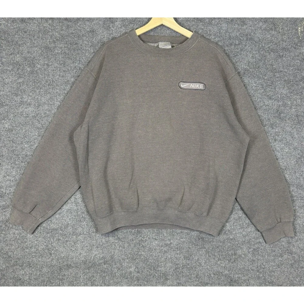 Vintage Nike Crewneck Mens Size L Gray Fleece Pullover Y2K 90s Embroidered Baggy